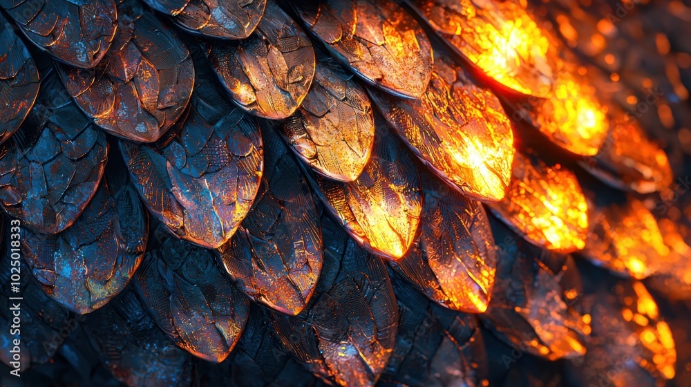 Glimmering dragon scales with fiery highlights Glimmering dragon scales with fiery highlights