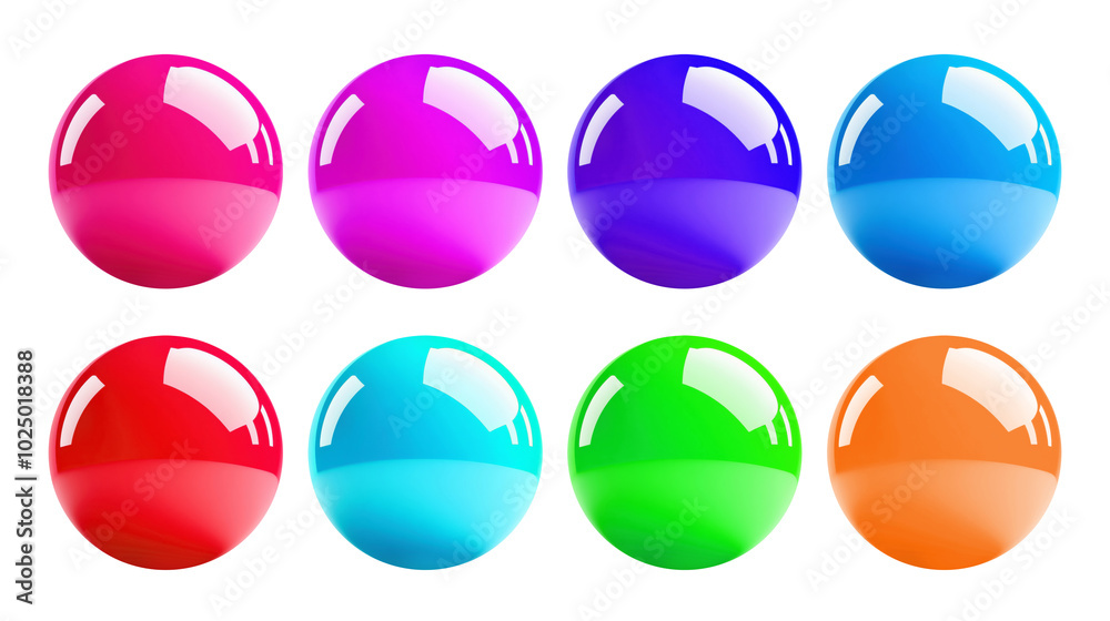 Colorful glossy spheres arranged in a row, vibrant and shiny on a transparent background. Colorful glossy spheres arranged in a row, vibrant and shiny on a transparent background.