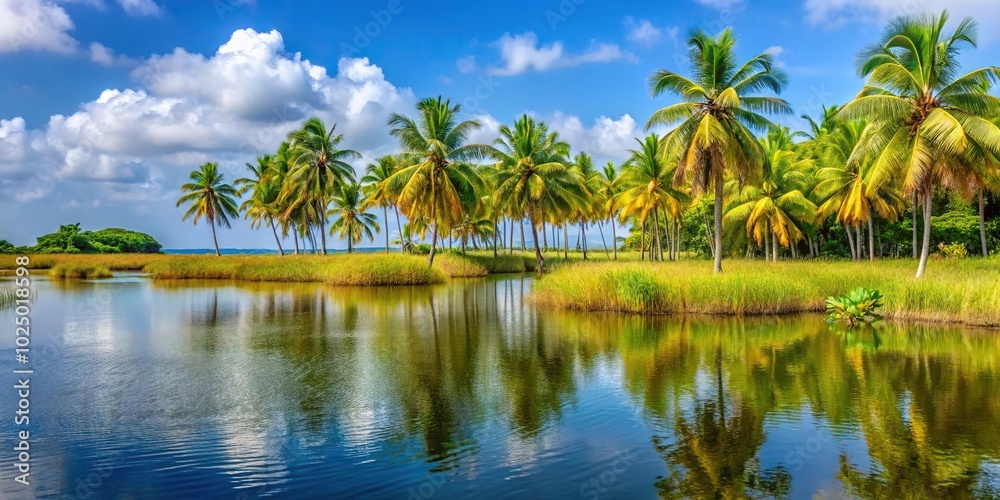 Tropical wetlands with colorful reeds and coconut trees in Icacos Trinidad in the Caribbean Tropical wetlands with colorful reeds and coconut trees in Icacos Trinidad in the Caribbean