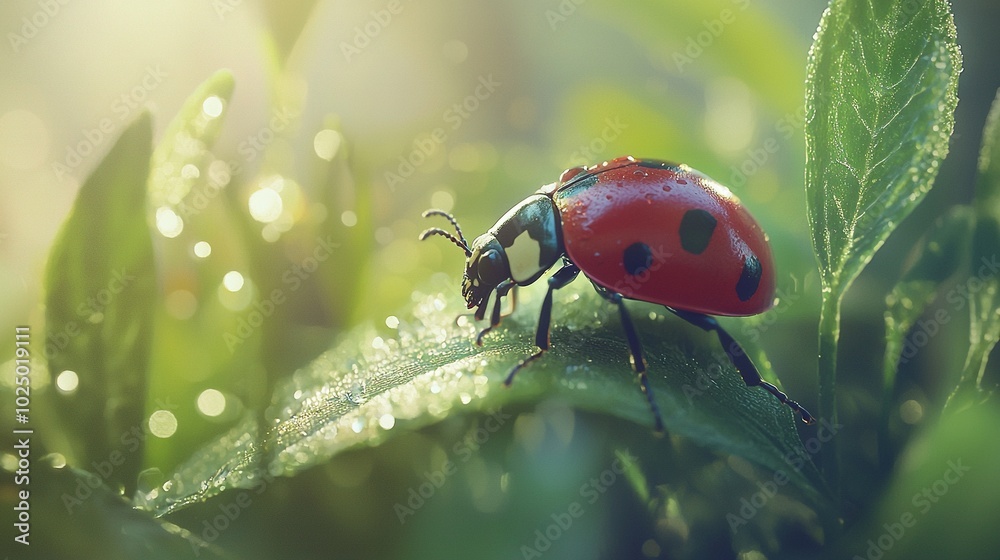 Obraz premium A ladybug on a leaf, surrounded by droplets of water, in a close-up The background features more foliage