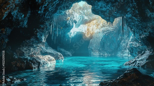 Mystical cave with shimmering blue water and light reflections