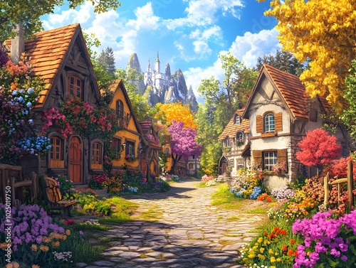 Whimsical Fairytale Village with Charming Cottages,Colorful Flowers,and Winding Cobblestone Streets