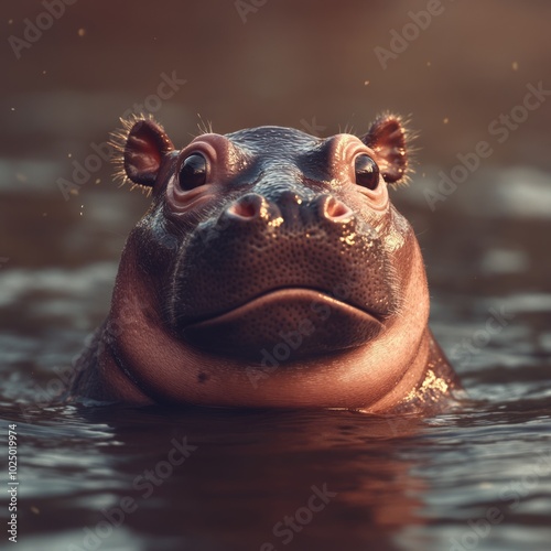 A close-up of a hippo emerging from water, showcasing its unique features. photo