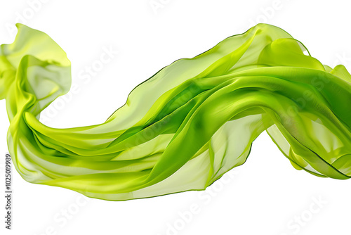 a piece of parrot green color fabric flying in air isolated on a transparent background