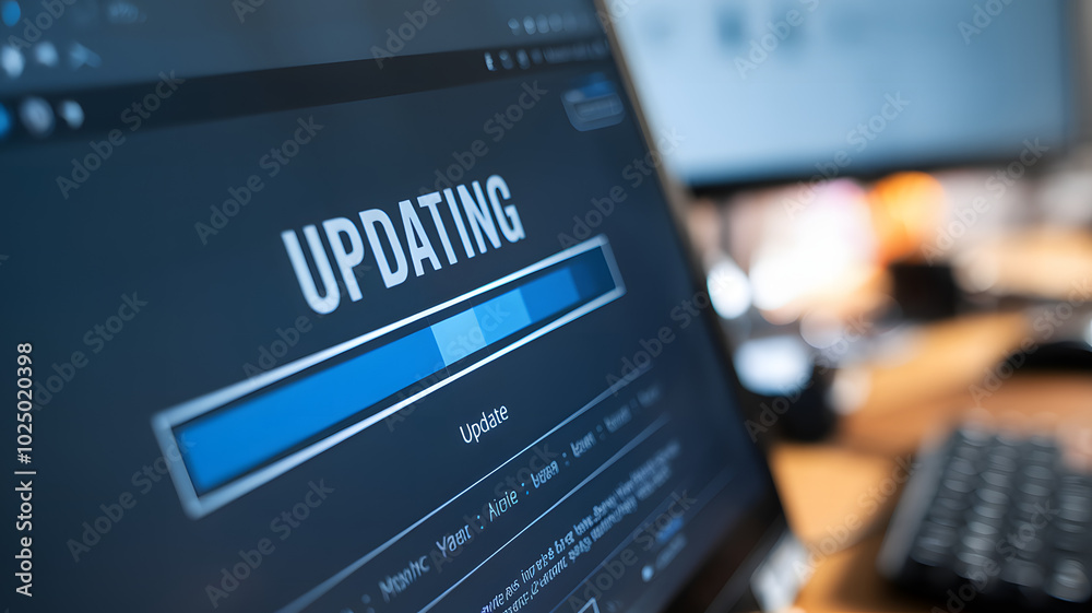 Close-up of computer screen showing software update progress bar with Close-up of computer screen showing software update progress bar with