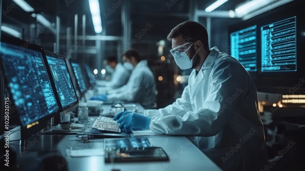 Scientist in Lab Coat Working on a Computer with Blue Screen Displays Scientist in Lab Coat Working on a Computer with Blue Screen Displays