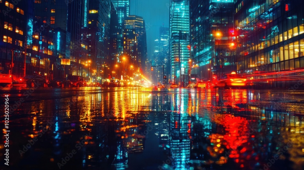 Vibrant cityscape reflections on a rainy night Vibrant cityscape reflections on a rainy night