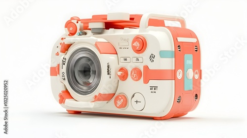 A classic 3D Viewmaster device with a film reel inserted and various buttons on the top presenting a retro and nostalgic design in vivid red and white colors photo