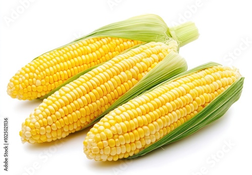 Photograph of fresh corn on the cob isolated on a white background, studio