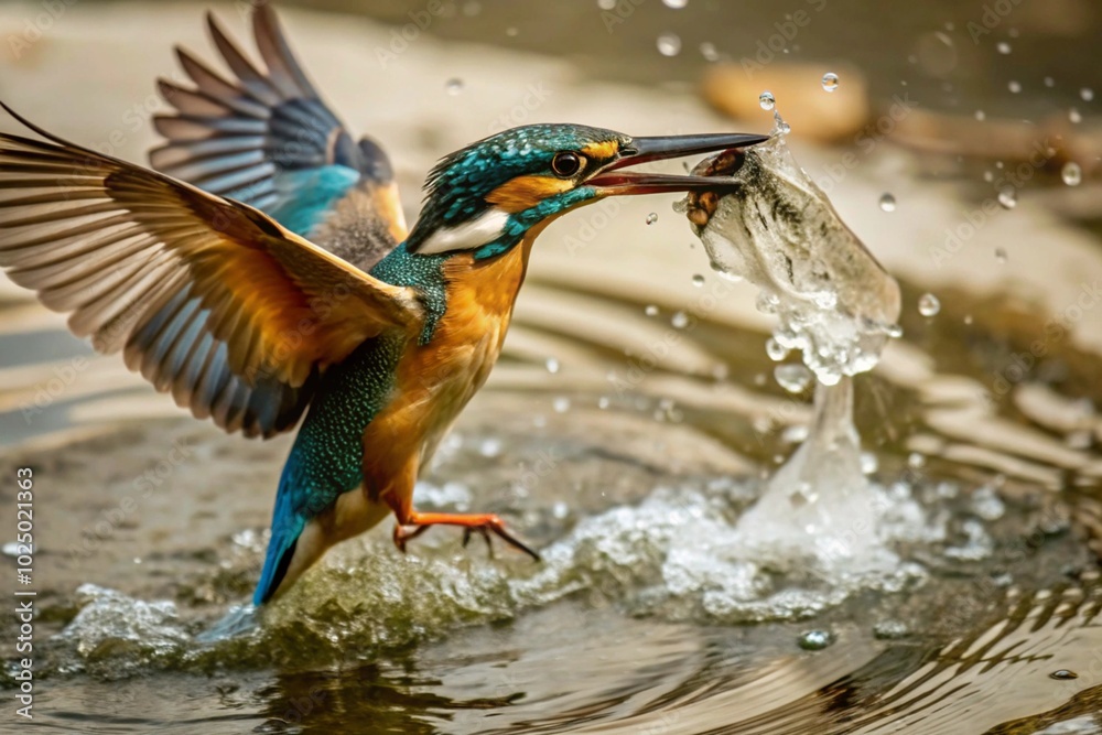 Obraz premium Feature a kingfisher diving into a pond, creating ripples as it goes underwater to catch a fish. 
