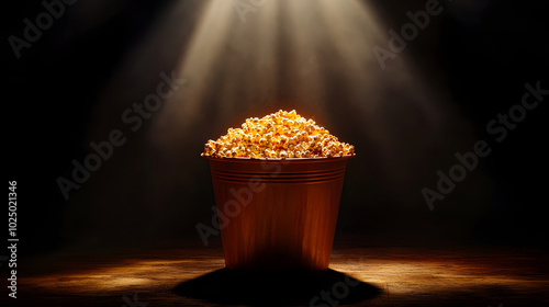 Golden popcorn sits in a copper bucket illuminated by soft lighting in a dark setting. National Popcorn Day concept