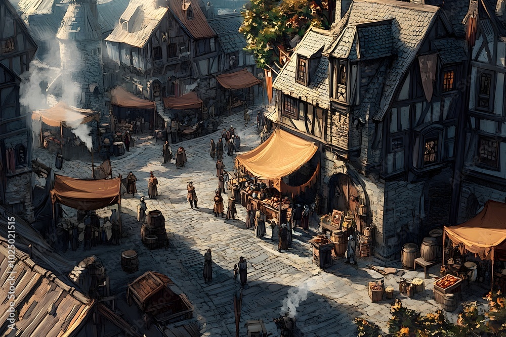 Naklejka premium Bustling Medieval Marketplace with Ornate Gothic Architecture and Lively Crowds