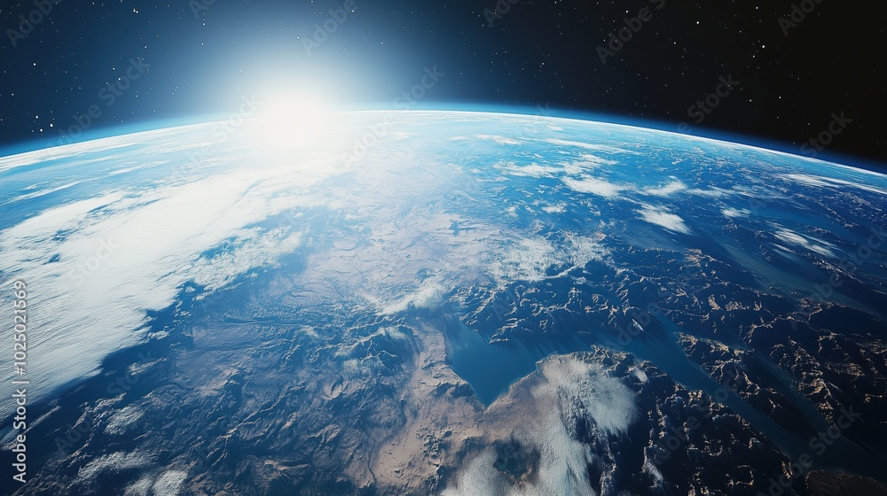 Stunning view of Earth from space with a sunrise over the horizon, highlighting the blue oceans and white cloud formations under the vast expanse of the cosmos. Stunning view of Earth from space with a sunrise over the horizon, highlighting the blue oceans and white cloud formations under the vast expanse of the cosmos.