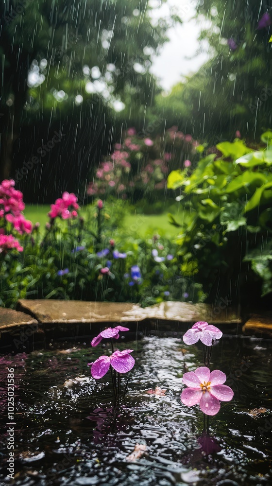 Tranquil Garden with Rain and Soaked Flowers Tranquil Garden with Rain and Soaked Flowers