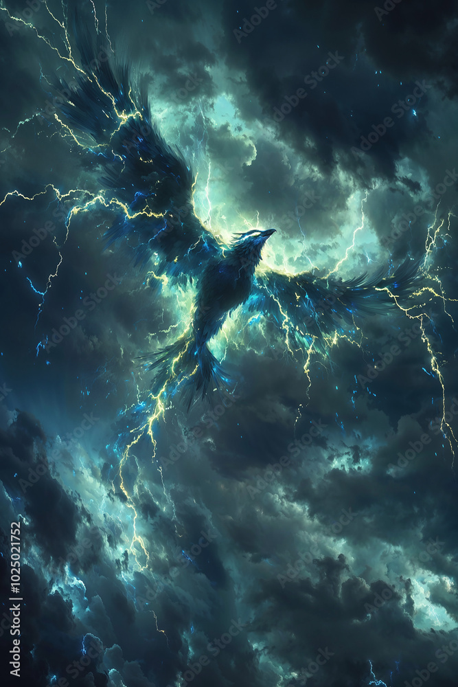 Fototapeta premium Lightning bird IMPUNDULU from African mythology diving through a storm