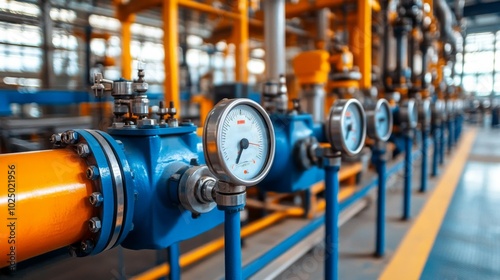 Close-up of Industrial Pipework with Gauges and Valves