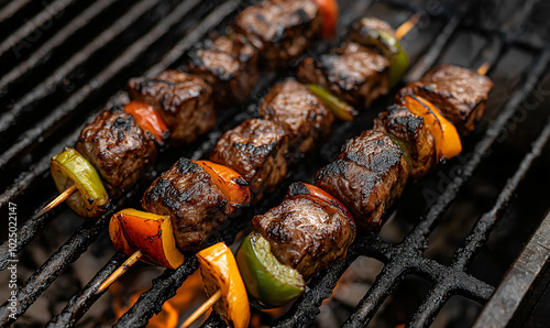 Tender beef kebabs grilling over open flames with colorful peppers and onions, creating a smoky BBQ party vibe 