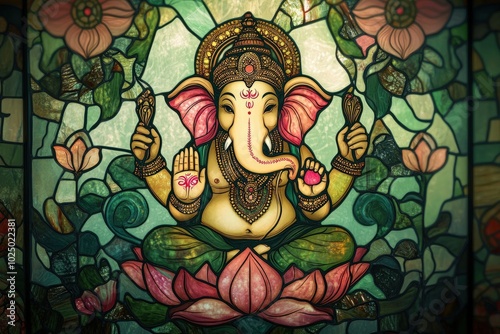 A peaceful stained glass of Lord Ganesha seated on a lotus, with soft green and pink hues glowing through, surrounded by intricate patterns of flowers and divine symbols