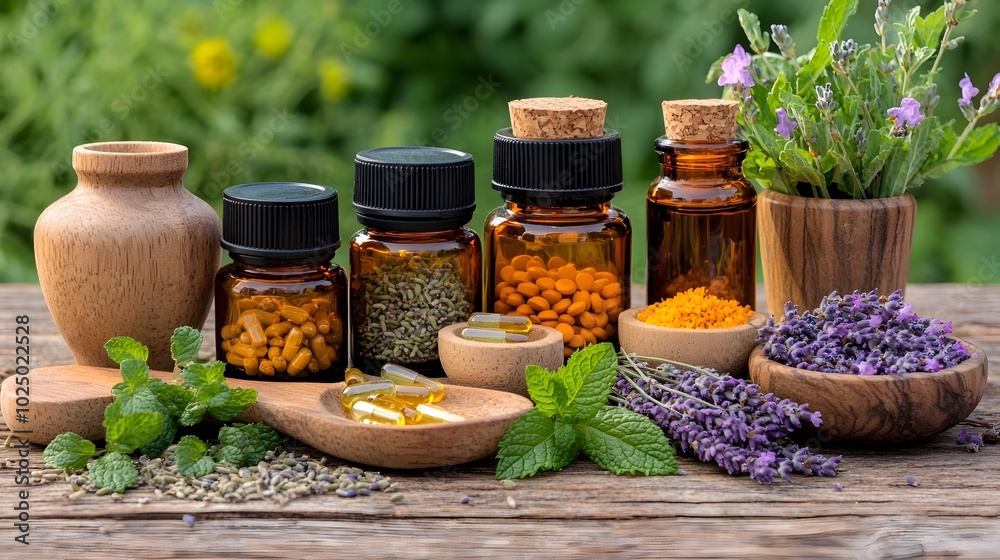 Assorted herbal medicine bottles and fresh aromatic herbs like mint and lavender on a rustic wooden table Concept of natural organic Assorted herbal medicine bottles and fresh aromatic herbs like mint and lavender on a rustic wooden table Concept of natural organic