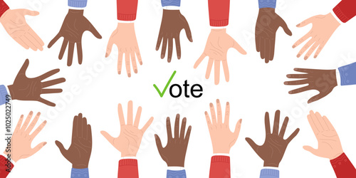 Vector banner for elections concept. Black and white hands diversity. Every vote matters. Hand drawn vector illustration in flat style. Vote poster in flat style. 2024 elections banner
