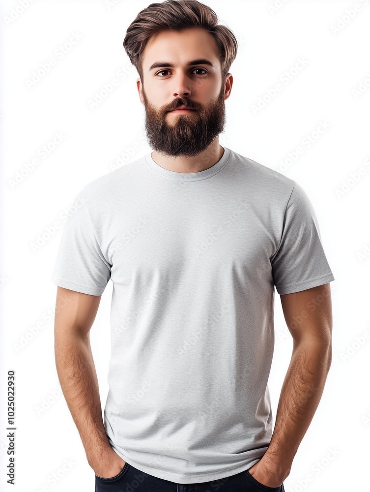 Young Caucasian man with a beard wears a plain white t-shirt while posing confidently against a simple white background. Young Caucasian man with a beard wears a plain white t-shirt while posing confidently against a simple white background.