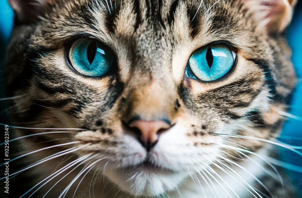 Capture a close-up of a cat's face with its whiskers prominently displayed, showcasing its expressive eyes and features.
