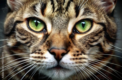 Capture a close-up of a cat's face with its whiskers prominently displayed, showcasing its expressive eyes and features.
