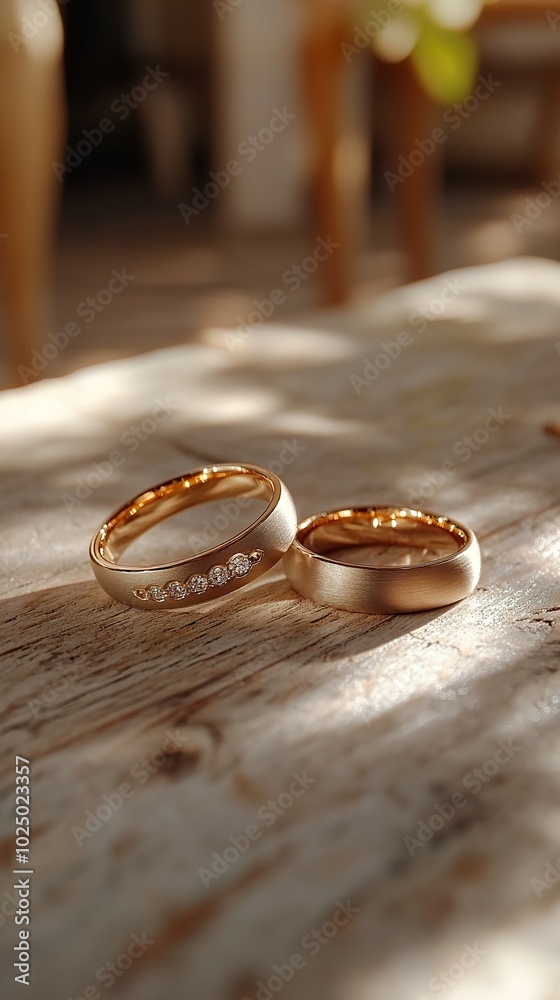 Two gold wedding bands, one with a diamond, on wood. Two gold wedding bands, one with a diamond, on wood.