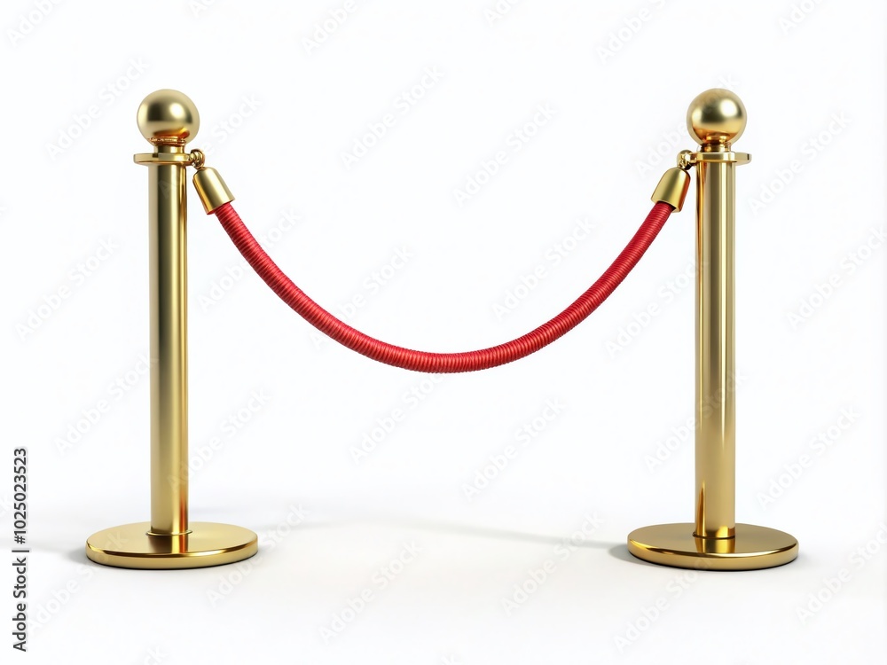 3D Illustration of a Gold Barrier with Red Rope Isolated on White Background for Event, Access Control, and 3D Illustration of a Gold Barrier with Red Rope Isolated on White Background for Event, Access Control, and