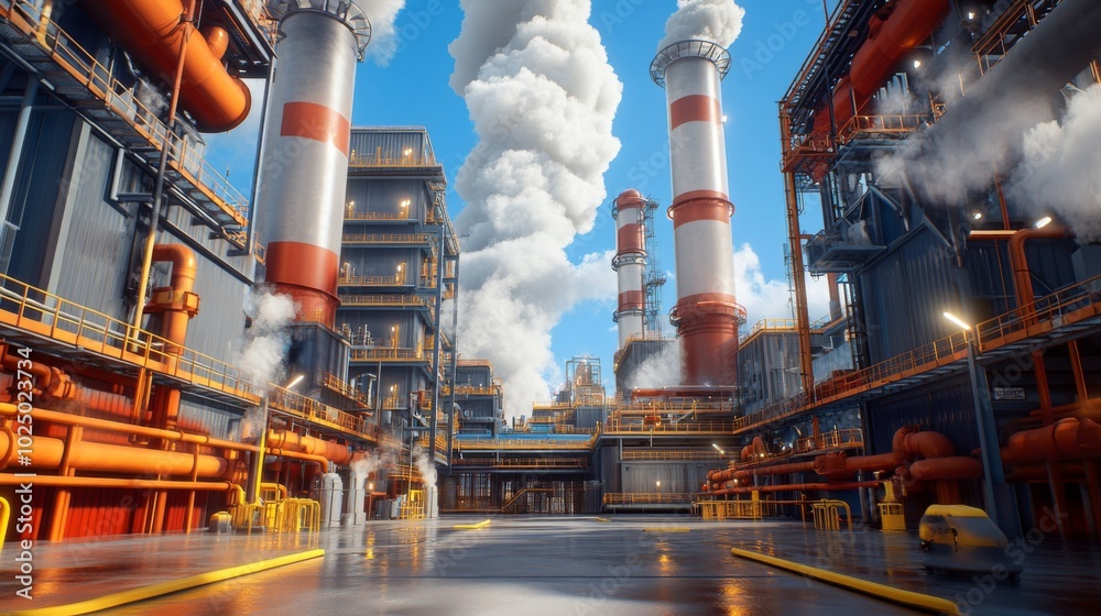 Industrial Complex with Tall Chimneys and Plumes of Smoke Industrial Complex with Tall Chimneys and Plumes of Smoke