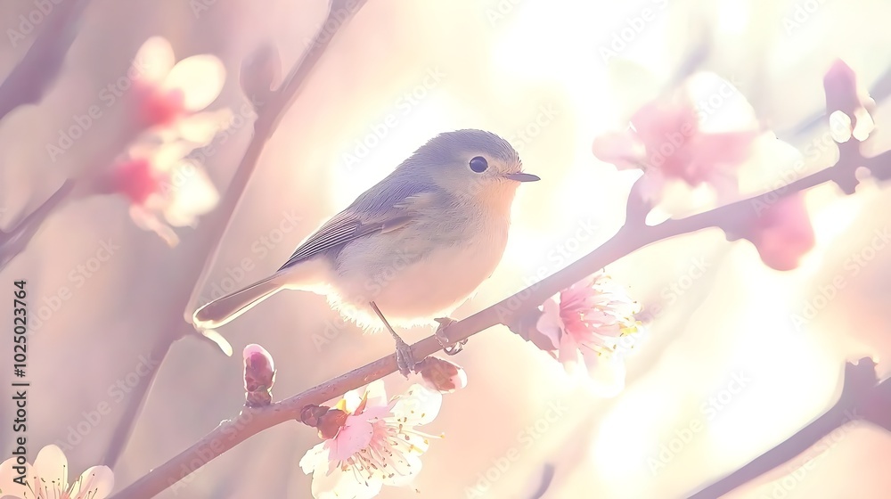 Photograph of a tiny delicate bird perched gracefully on a slender branch surrounded by a vibrant array of colorful flowers and lush foliage in a serene natural setting Photograph of a tiny delicate bird perched gracefully on a slender branch surrounded by a vibrant array of colorful flowers and lush foliage in a serene natural setting