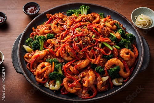 A sizzling platter of ojingeo bokkeum spicy stir-fried squid with vegetables, Ai Generated photo