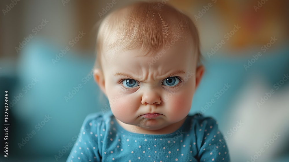 Adorable baby girl with a grumpy expression, wearing a blue polka dot onesie, sitting against a soft-colored background. Adorable baby girl with a grumpy expression, wearing a blue polka dot onesie, sitting against a soft-colored background.