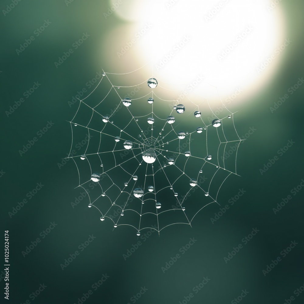 Obraz premium Delicate spider web glistening with dew drops in soft morning light against a blurred green background