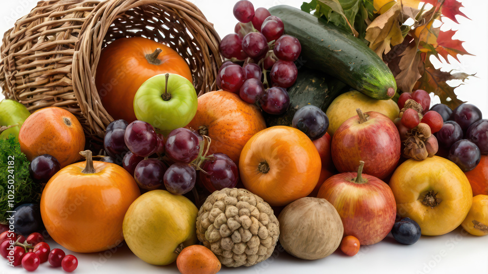 A cornucopia filled with autumn fruits and vegetables on a white background. A cornucopia filled with autumn fruits and vegetables on a white background.