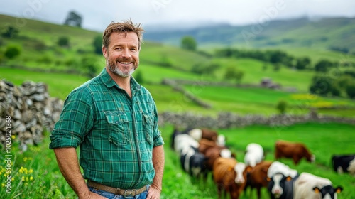 A proud Irish farmer stands in a vibrant green field, showcasing the beauty of traditional cattle farming, with a rustic stone wall as the backdrop to this picturesque countryside scene.