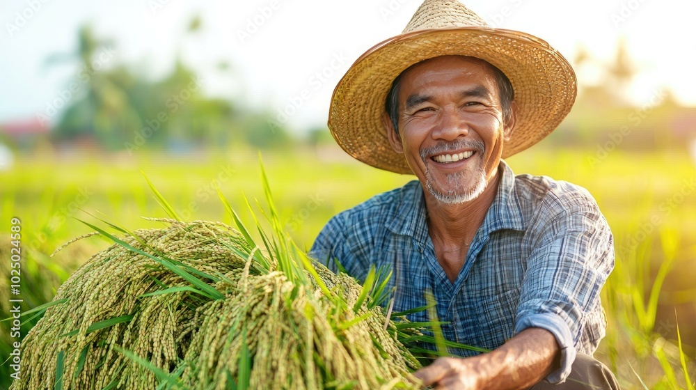 A cheerful Filipino farmer wearing a straw hat harvests rice in a beautiful rural field, embodying the spirit of agriculture and the vibrant culture of the Philippines with every smile.