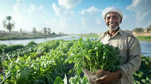 A portrait of an Egyptian farmer dressed in traditional clothing, proudly standing beside the iconic Nile River with flourishing crops in the background, showcasing the rich agricultural .