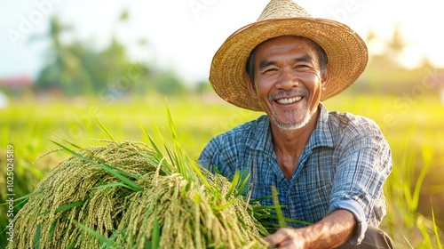 Obraz na płótnie A cheerful Filipino farmer wearing a straw hat harvests rice in a beautiful rural field, embodying the spirit of agriculture and the vibrant culture of the Philippines with every smile. w salonie