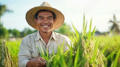 A joyful Filipino farmer wearing a straw hat smiles while harvesting rice in a lush rural field, showcasing the beauty of traditional rice cultivation and the dedication of agricultural life.