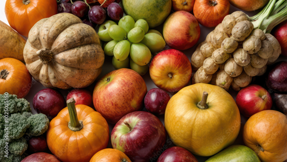 A cornucopia filled with autumn fruits and vegetables on a white background.