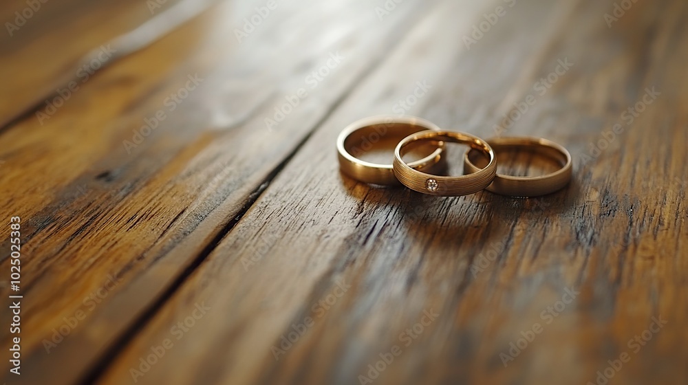 Two gold wedding bands, one with a diamond, on wood. Two gold wedding bands, one with a diamond, on wood.