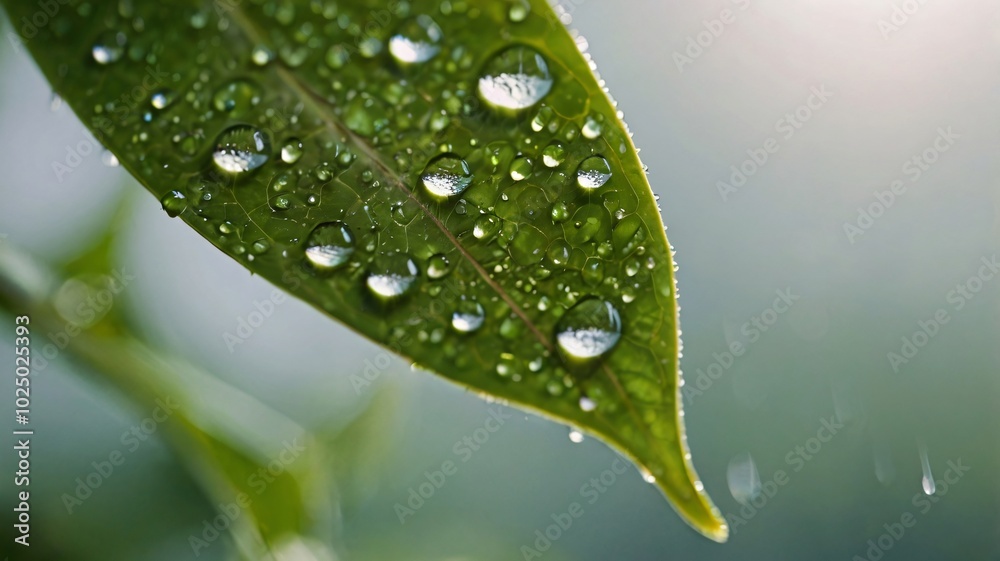 Fototapeta premium Close-up of a leaf covered in raindrops, showcasing nature's beauty in a lush green setting during a light rain shower