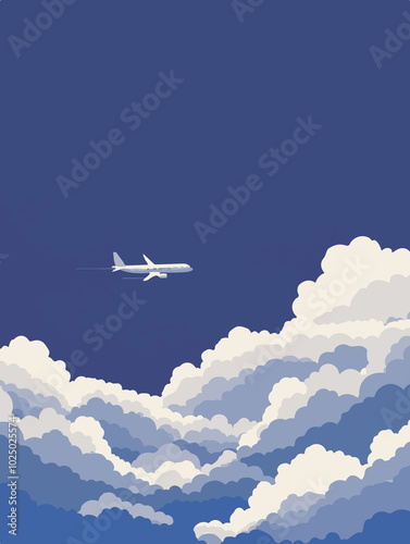 Minimalist vector illustration of an airplane flying above clouds and mountains, in a serene blue and yellow color palette. Simple and modern travel theme with geometric shapes and flat design style. photo