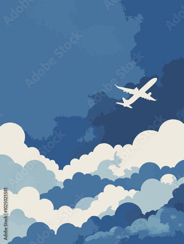 Minimalist vector illustration of an airplane flying above clouds and mountains, in a serene blue and yellow color palette. Simple and modern travel theme with geometric shapes and flat design style.