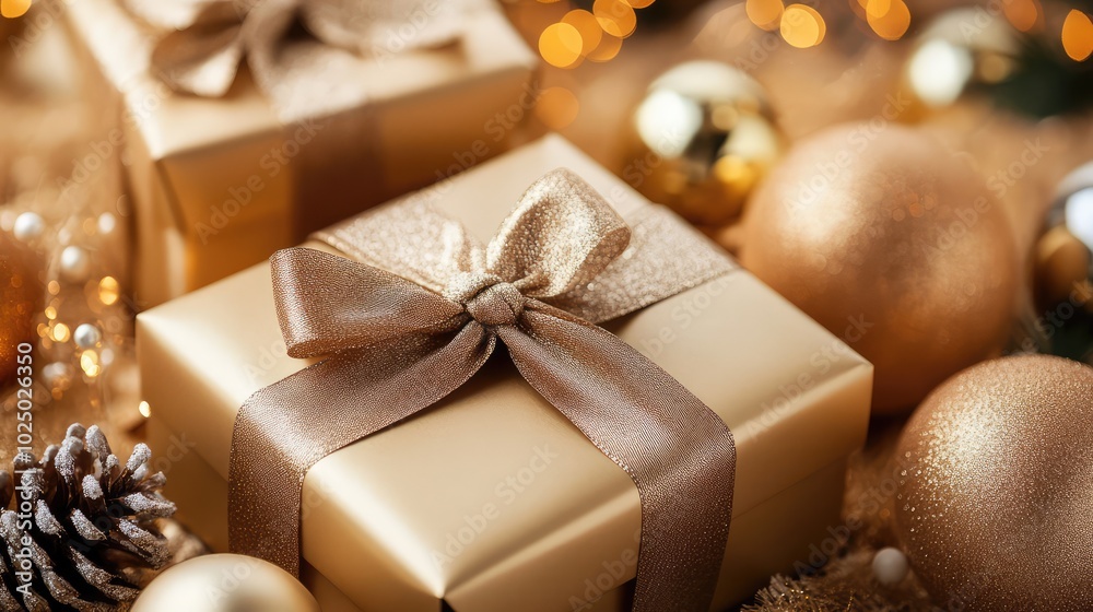 Golden gift boxes with shiny brown satin bow. AI generated illustration. Golden gift boxes with shiny brown satin bow. AI generated illustration.