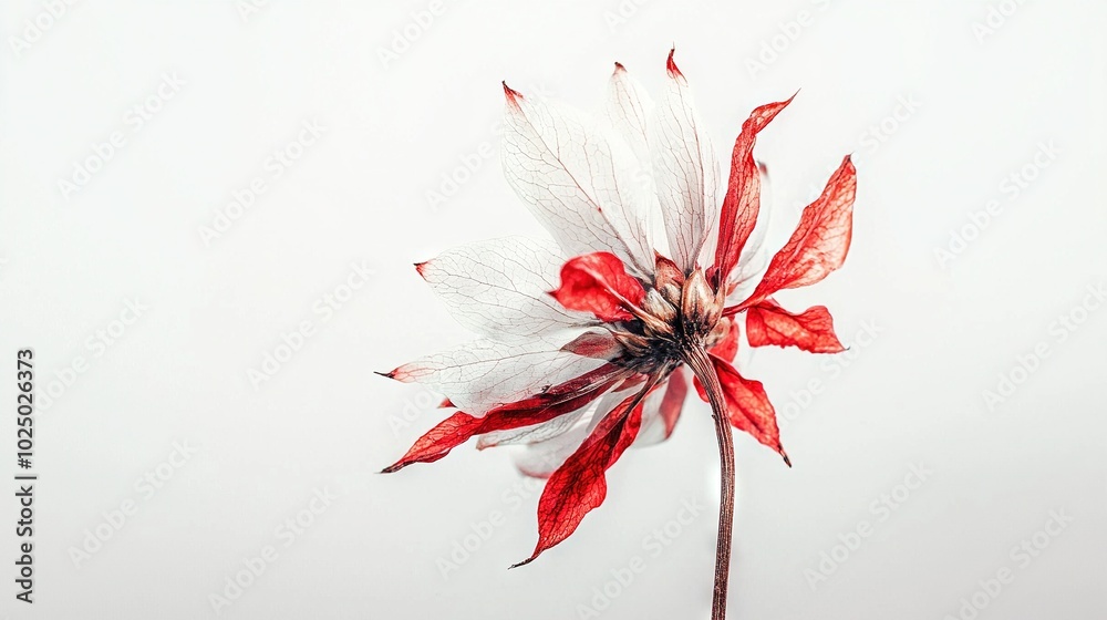 A red and white flower with long leaves on a stem against a white background is the optimized text A red and white flower with long leaves on a stem against a white background is the optimized text