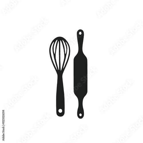 A black silhouette of a whisk and a rolling pin on a white background 