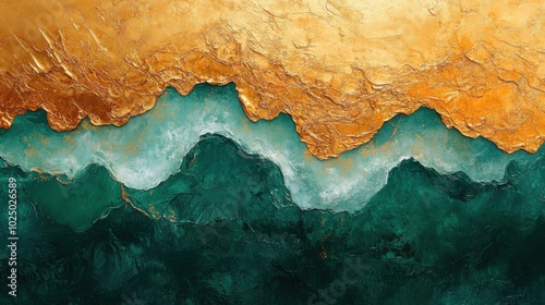 Abstract painting of a wave of green and gold