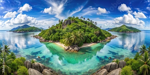 Symmetrical tropical landscape on the island of Praslin photo